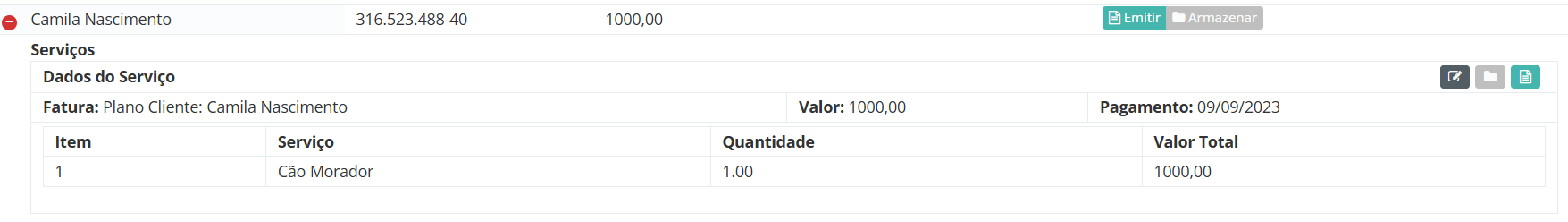 Exemplo de visualização de vendas que tem nota a ser emitida